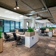 Modern open kantoor met design bureaus, bureaustoelen en planten, kantoormeubilair interieur