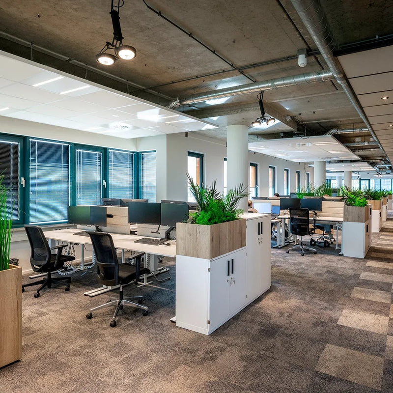 Modern open kantoor met design bureaus, bureaustoelen en planten, kantoormeubilair interieur