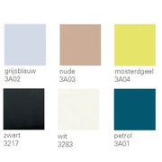 Shuffle kunststof kleurenstalen voor kantoormeubilair: grijsblauw, nude, mosterdgeel, zwart, wit, petrol.