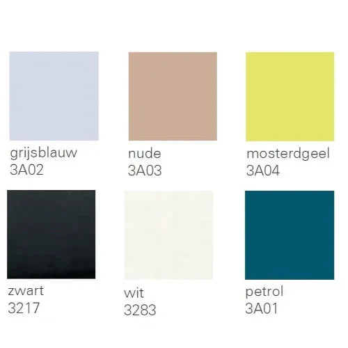 Shuffle kunststof kleurenstalen voor kantoormeubilair: grijsblauw, nude, mosterdgeel, zwart, wit, petrol.