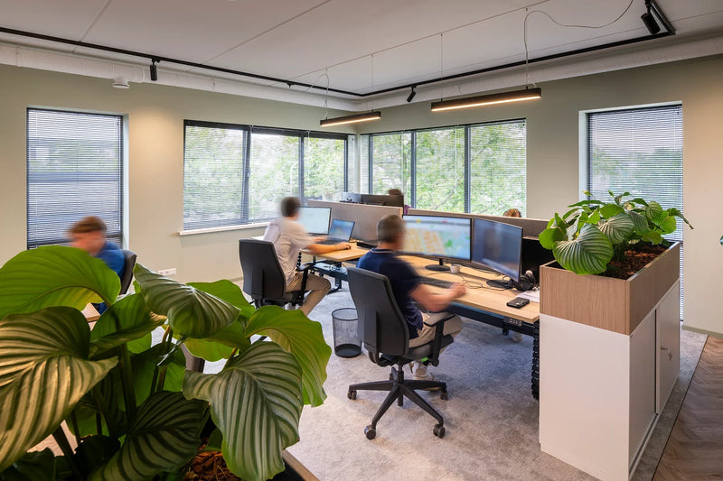 Modern kantoor met design bureaustoelen, werkplekken, grote ramen en groene planten