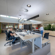 Modern kantoor met design bureaus, ergonomische bureaustoelen en groene plantenwand