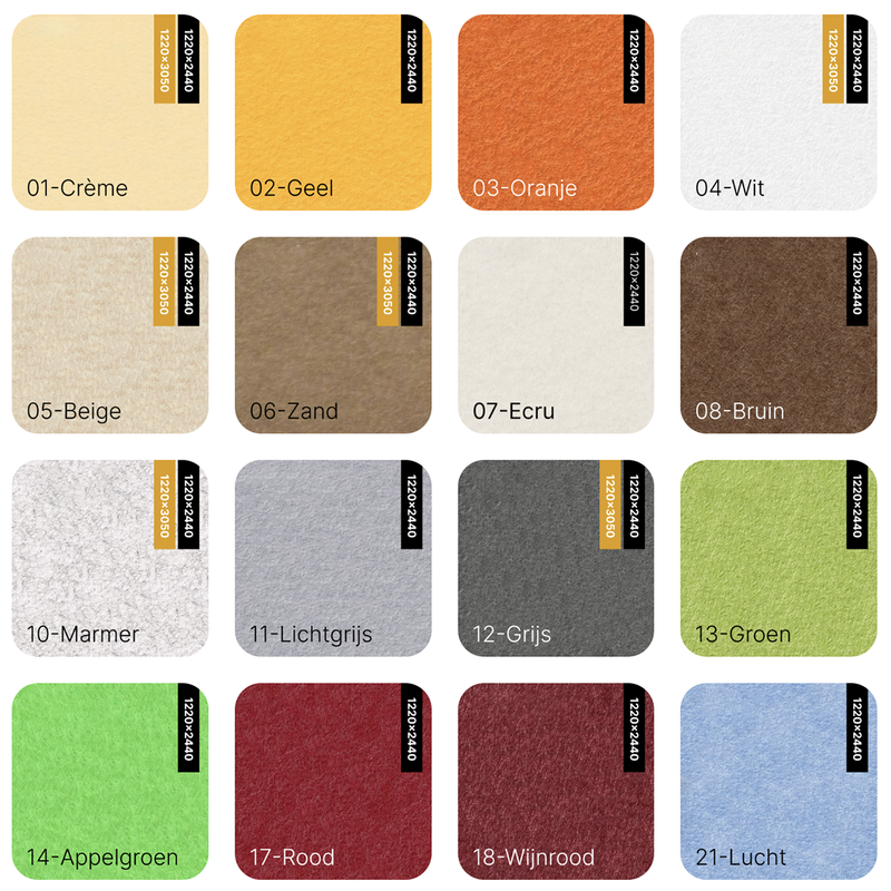 Tacito kleurenkaart PET-vilt, oranje, geel, wit, bruin, groen, rood, blauw
