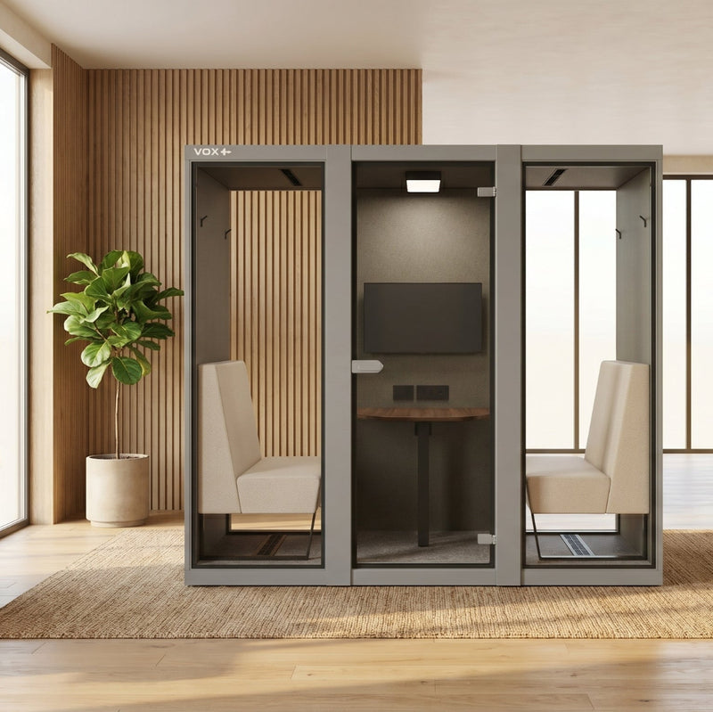 VOX Large 2P, VOX Large 2 persoons, akoestische overlegpod 2 personen, vergaderpod 2 personen, belcel 2 personen, room in room 2 personen, VOX overlegpod, akoestische vergadercabine, telefooncel 2 personen, kantoor pod 2 personen, overlegcabine kantoor, VOX pod prijs, VOX Large prijs, vergaderruimte zonder verbouwing, akoestische pod kantoor