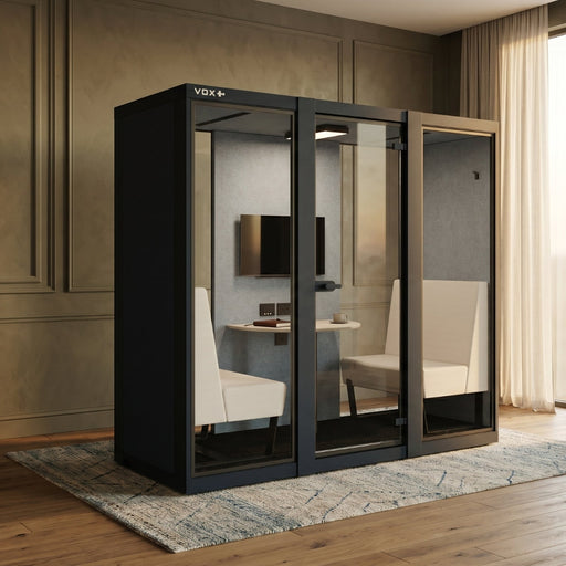 VOX Large 2P, VOX Large 2 persoons, akoestische overlegpod 2 personen, vergaderpod 2 personen, belcel 2 personen, room in room 2 personen, VOX overlegpod, akoestische vergadercabine, telefooncel 2 personen, kantoor pod 2 personen, overlegcabine kantoor, VOX pod prijs, VOX Large prijs, vergaderruimte zonder verbouwing, akoestische pod kantoor