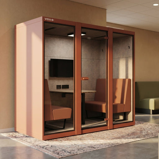 VOX Large 4P, VOX Large 4 personen, akoestische vergaderpod 4 personen, vergaderpod 4 personen, belcel 4 personen, room in room 4 personen, VOX overlegpod, akoestische vergadercabine, kantoor pod 4 personen, overlegcabine kantoor, VOX pod prijs, VOX Large 4P prijs, vergaderruimte zonder verbouwing, akoestische pod kantoor