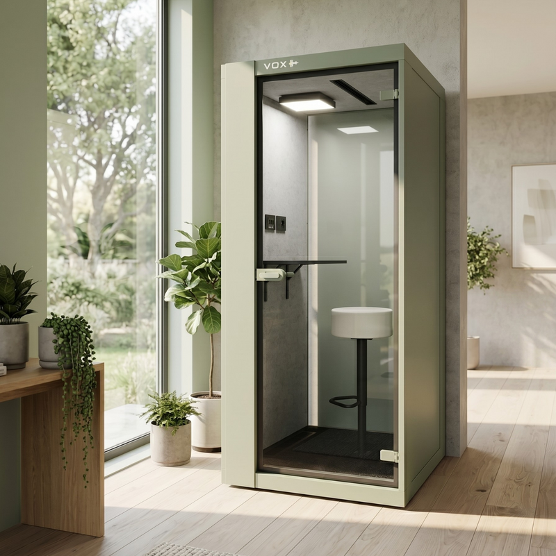 VOX Small, VOX Small belcel, VOX 101, VOX pod Small, akoestische belcel kantoor, telefooncel kantoor, 1 persoons belcel, belcel 100x100, akoestische telefooncel, room in room kantoor, kantoor pod 1 persoon, videobelcel kantoor, Teams belcel, geluidsdichte belcel kantoor, VOX belcel prijs, VOX Pods Nederland