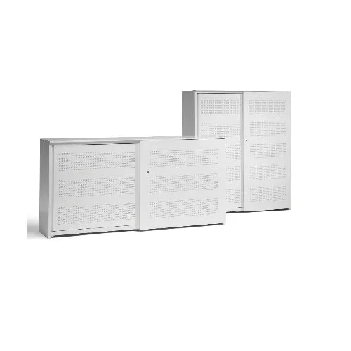 Witte design kantoorkasten met schuifdeuren, ideaal voor kantoorinrichting en opslag