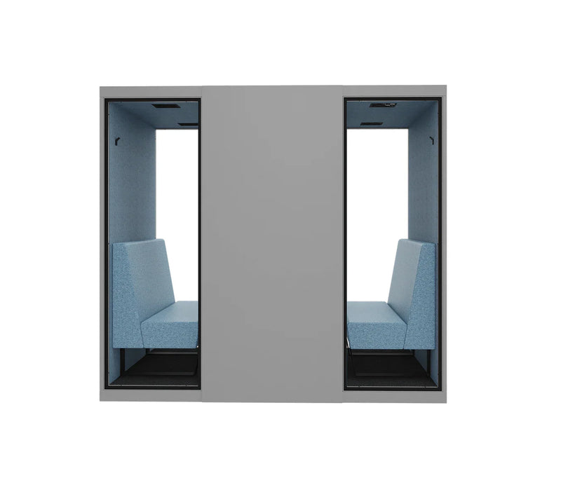 Akoestische vergaderpod met grijze buitenkant en blauwe zitbanken, design kantoormeubilair