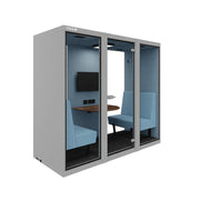 Akoestische vergaderpod voor 2 personen, modern design, grijs met blauwe zitbanken, kantoormeubilair