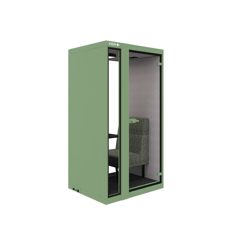 Groene akoestische belcel voor kantoor, zitplek en tafel, design kantoormeubilair