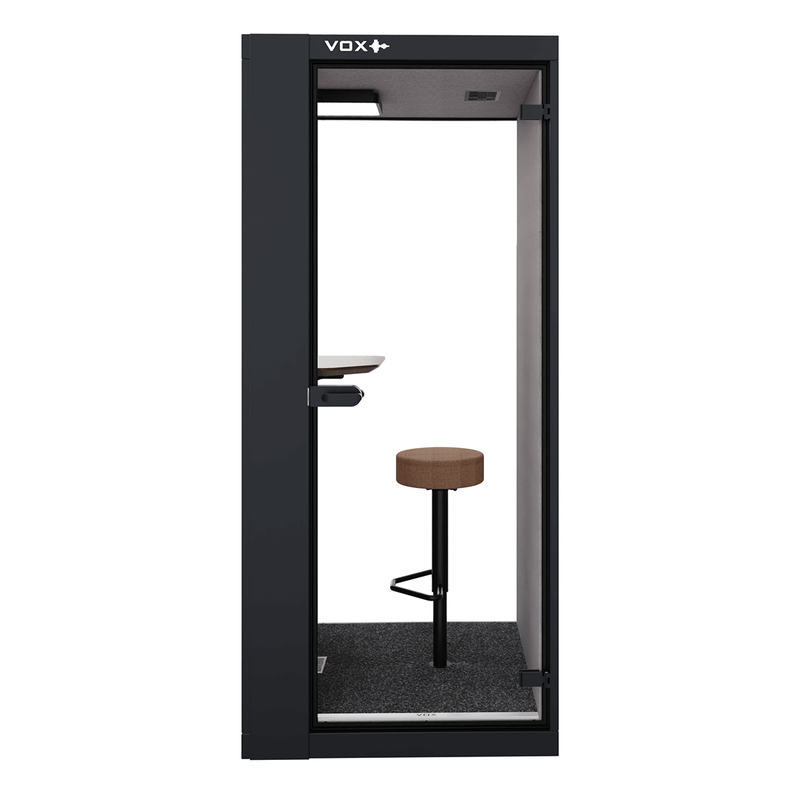 VOX-pod Small RAL9005 vooraanzicht met kruk en tafelblad