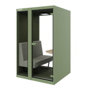 Groene akoestische vergaderpod met glazen deur en bank voor kantoorruimtes, KANTOORMEUBELS.ONLINE
