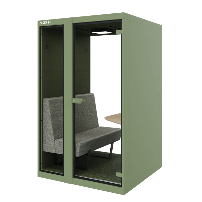 Groene akoestische vergaderpod met glazen deur en bank voor kantoorruimtes, KANTOORMEUBELS.ONLINE