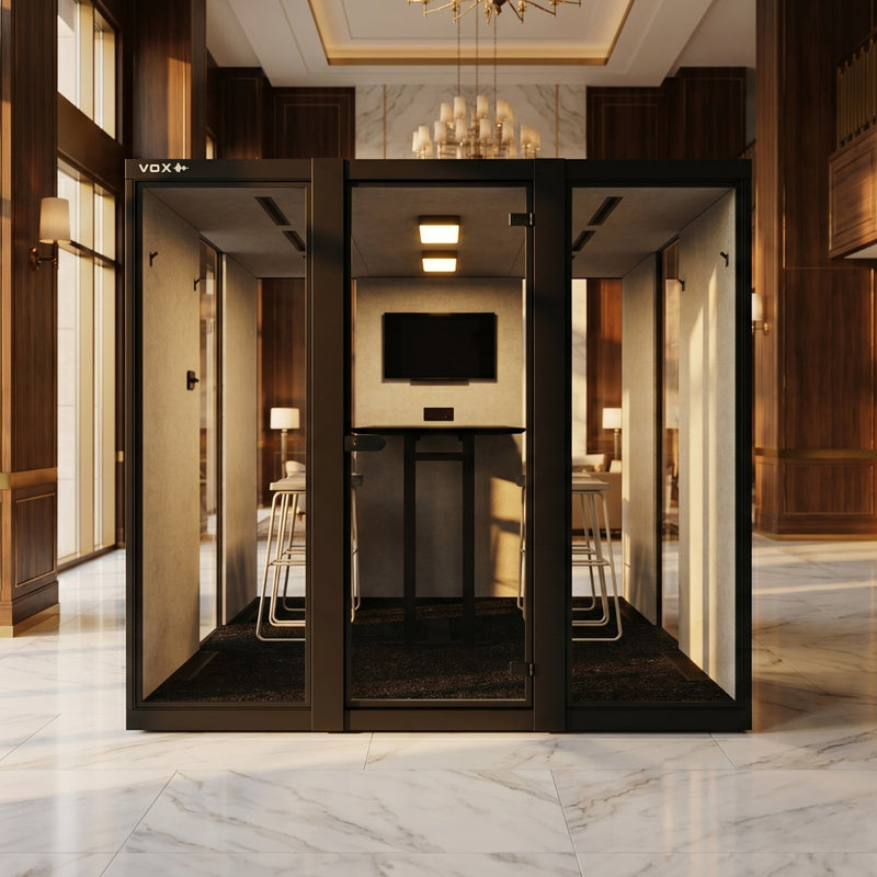VOX XLarge, VOX XLarge 6 personen, akoestische vergaderpod 6 personen, vergaderpod 6 personen, room in room 6 personen, akoestische vergadercabine, VOX vergaderpod, overlegpod 6 personen, hybride vergaderpod, vergaderruimte zonder verbouwing, VOX XLarge prijs, grote akoestische pod kantoor, vergadercabine kantoor