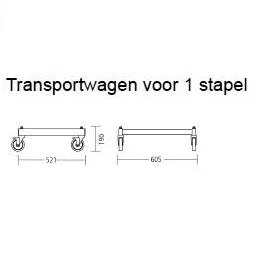 Transportwagen voor 1 stapel stoelen met wielen, technische tekening, kantoormeubilair