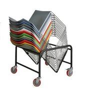 Stapelbare stoelen in diverse kleuren op zwarte stalen trolley met rode wielen, AC450