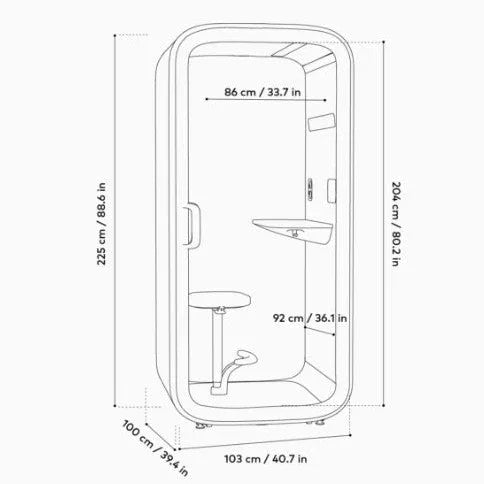 Afmetingen Framery One Compact belcel, kantoorcabine voor akoestisch werken, lijntekening