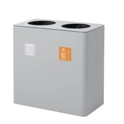 Grijze afvalscheidingsbak voor kantoor met twee gescheiden vakken, modern design.