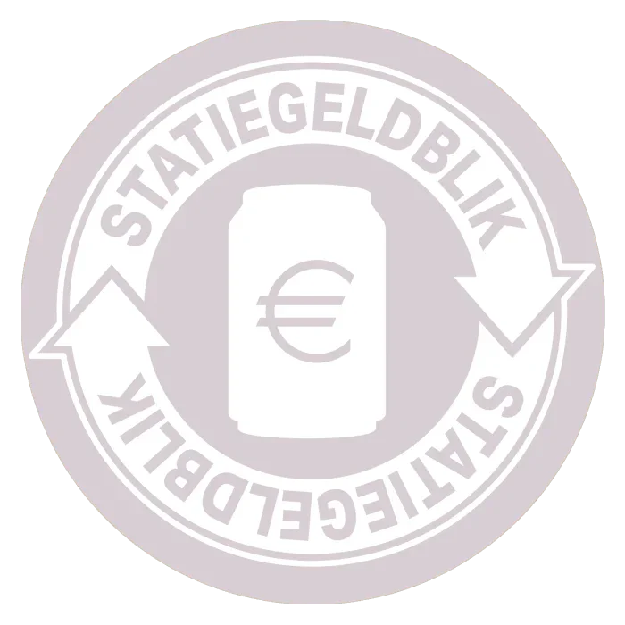 Statiegeldblik sticker voor afvalscheiding op kantoor, rond ontwerp met blikje en euroteken.