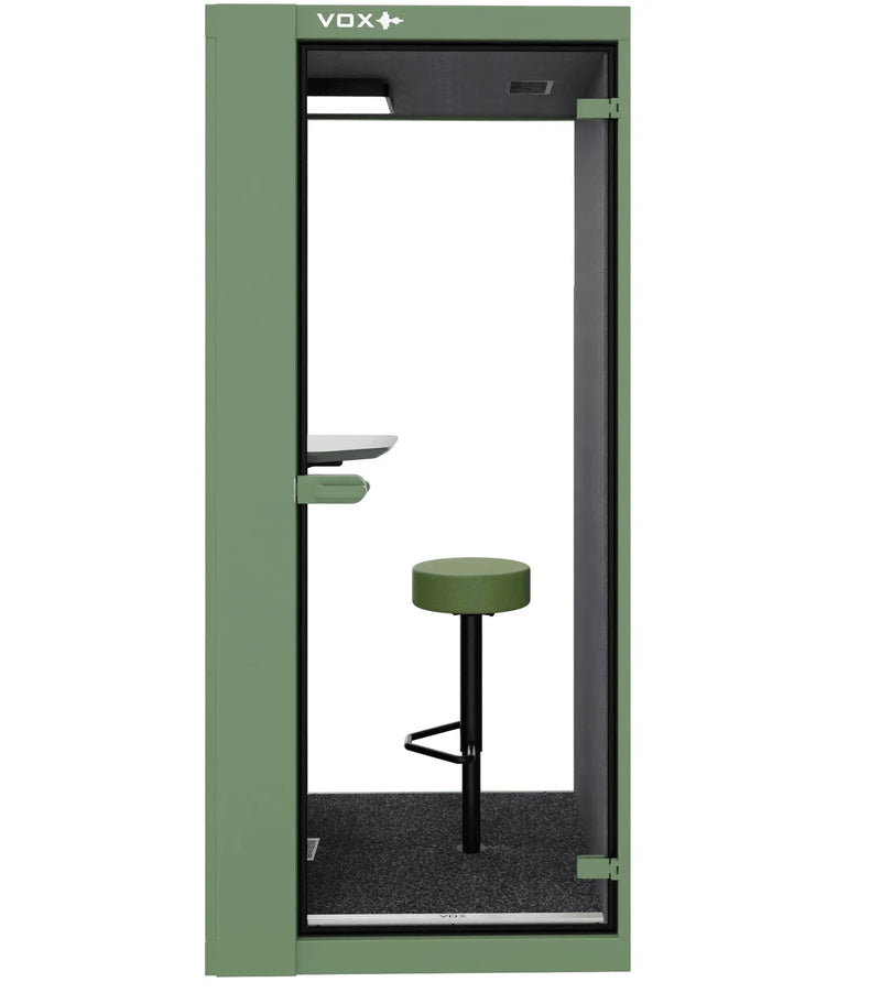Groene akoestische belcel VOX Pod voor 1 persoon met kruk en tafel, kantoormeubels.online