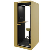 Akoestische belcel VOX+ voor 1 persoon, geel, met zitje en werkblad, kantoormeubilair