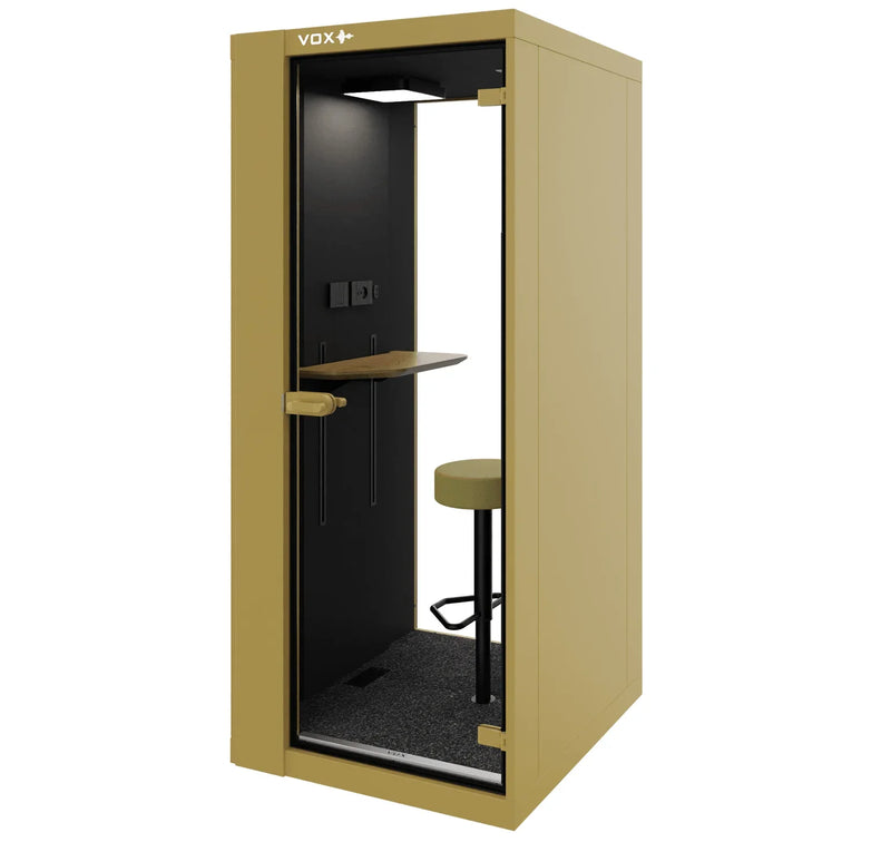 Akoestische belcel VOX+ voor 1 persoon, geel, met zitje en werkblad, kantoormeubilair