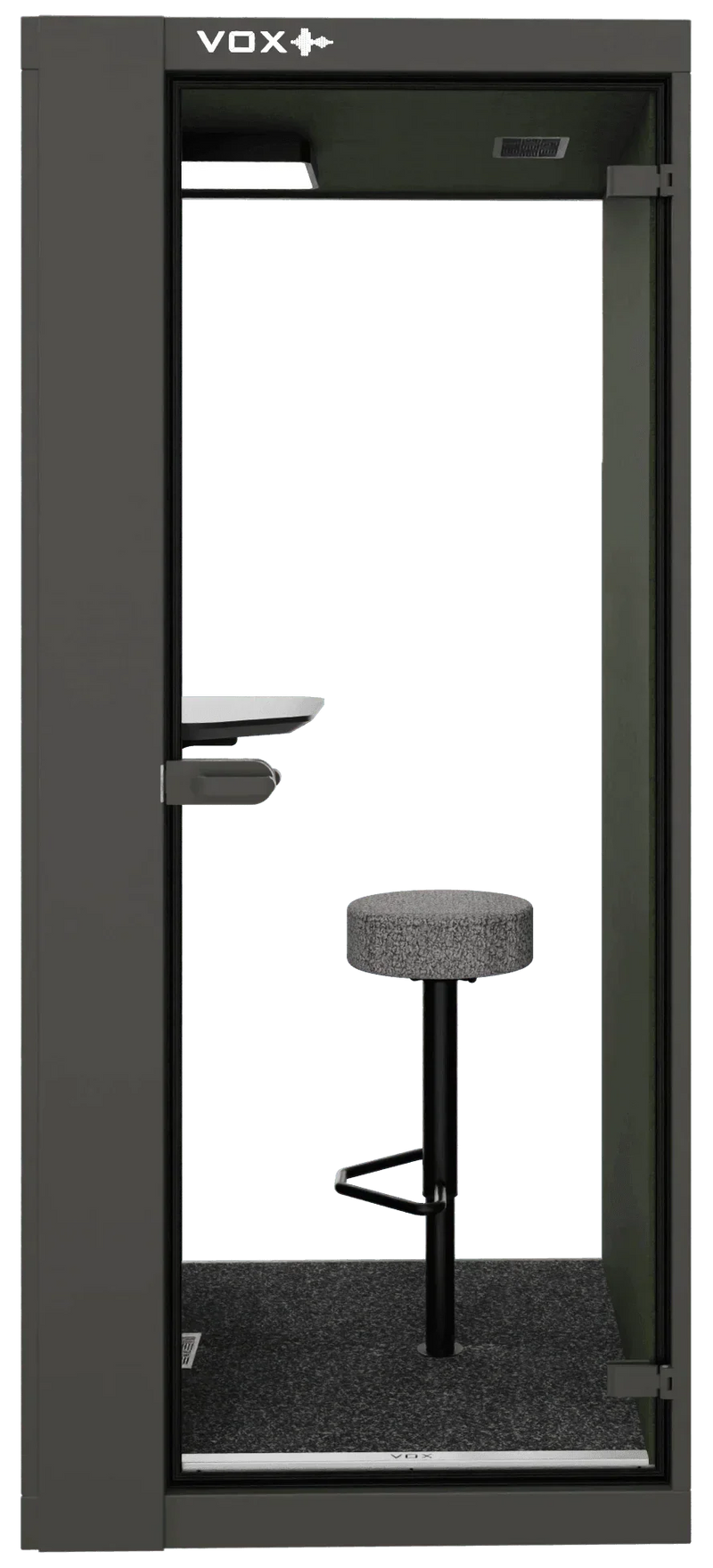 Akoestische belcel VOX Pod smal voor 1 persoon, met kruk en klein bureaublad, kantoormeubels.online