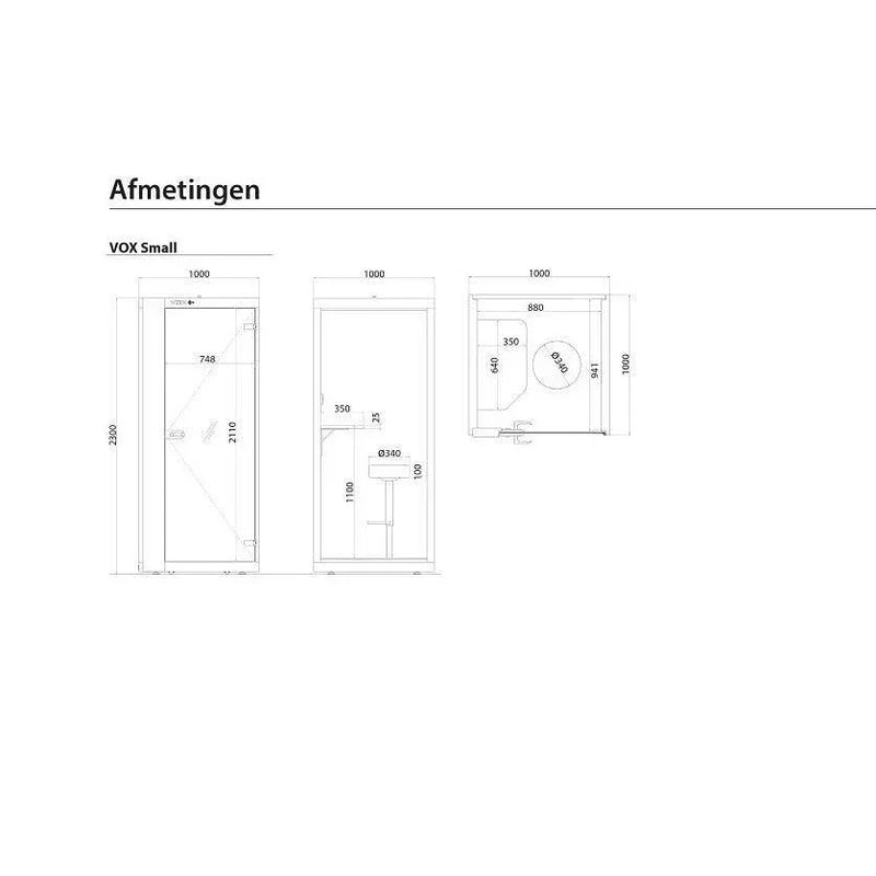 Technische tekening en afmetingen van akoestische belcel VOX Small voor kantoorinrichting.