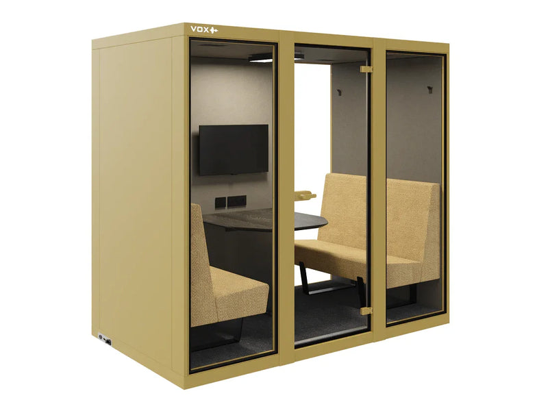 Akoestische vergaderplek VOX+ voor 4 personen met banken en tafel, kantoormeubilair