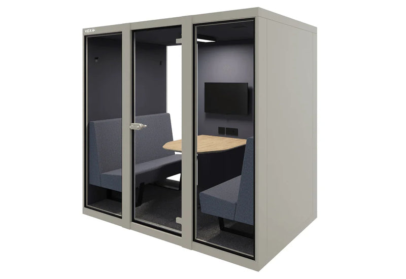 Akoestische vergaderplek voor 4 personen met tafel en bank, ideaal kantoormeubilair.