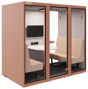 Akoestische vergaderplek voor 4 personen met banken en scherm, design kantoormeubilair