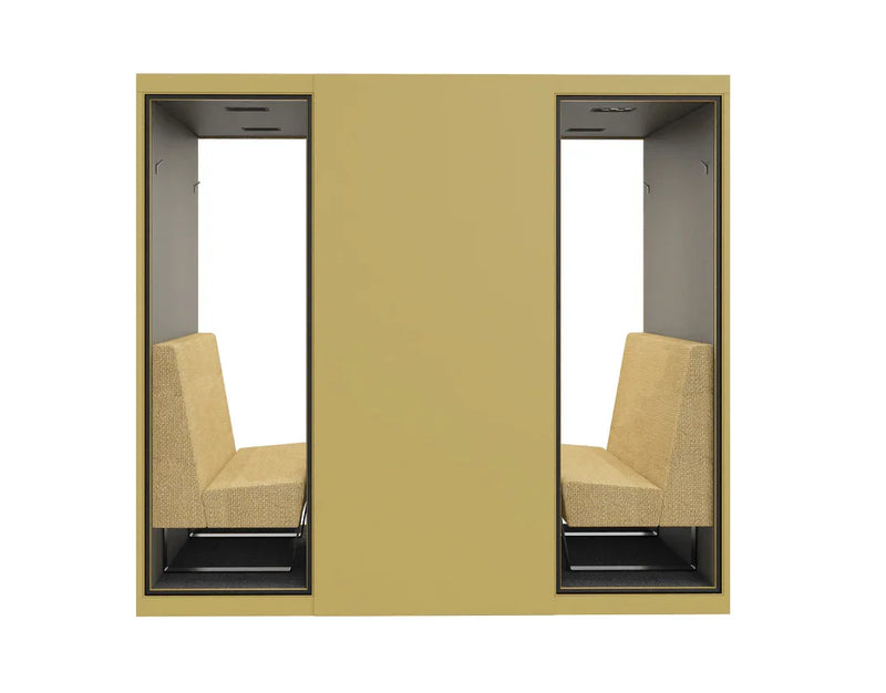 Akoestische vergaderplek voor 4 personen met beige banken, ideaal kantoormeubilair