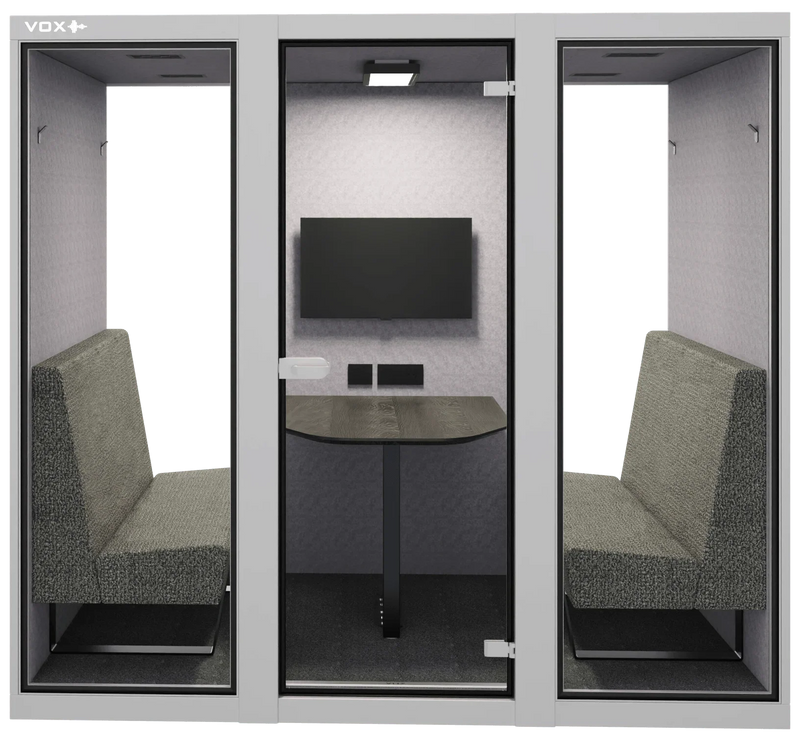 Akoestische vergaderplek voor 4 personen met tafel, banken en scherm, kantoormeubilair