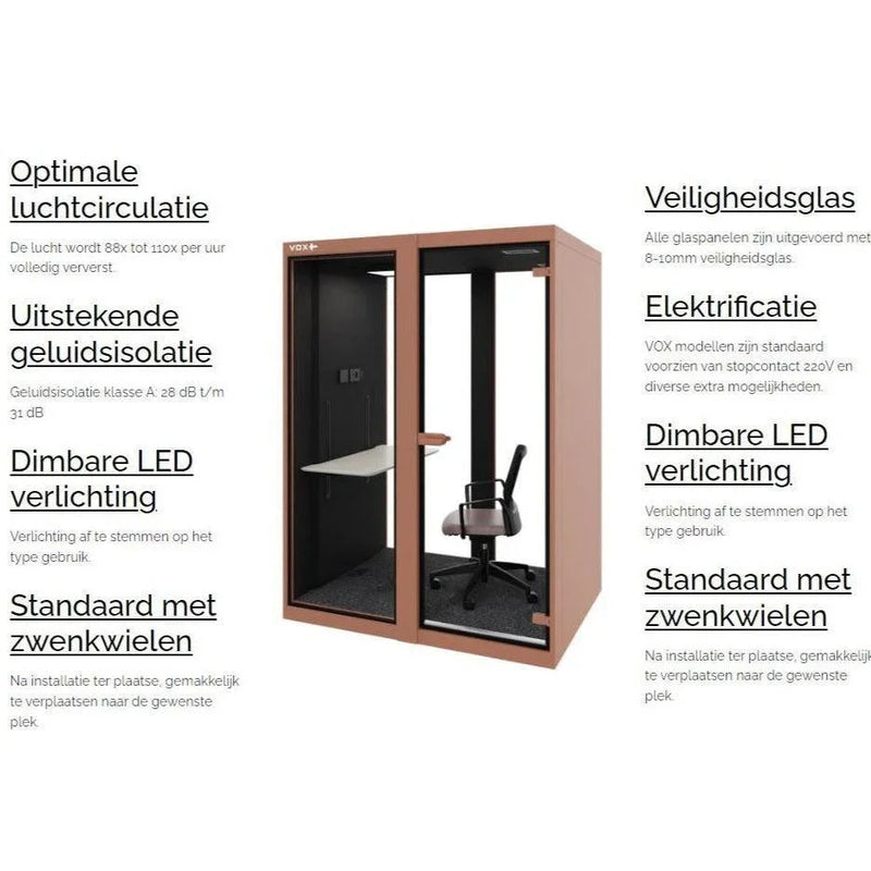 Akoestische werkplek VOX Pod Medium voor 1 persoon met bureaustoel en tafel, design kantoormeubilair.
