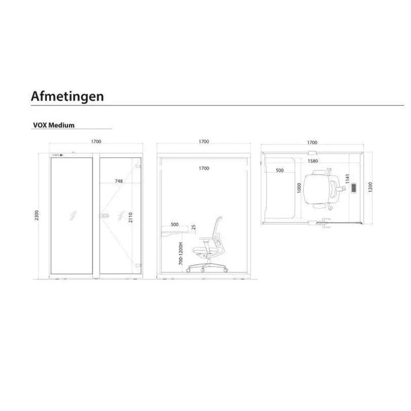 Technische tekening VOX Medium akoestische werkplek, afmetingen cabine en bureaustoel