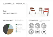 Design Aloa stoelen met eco certificaten en materiaalsamenstelling, geschikt voor kantoormeubels.