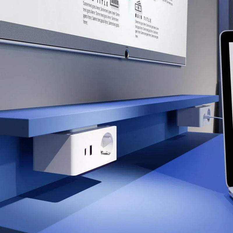 Elektrificatie unit onder blauw bureau, moderne kantoorruimte, stopcontact en USB, KANTOORMEUBELS.ONLINE