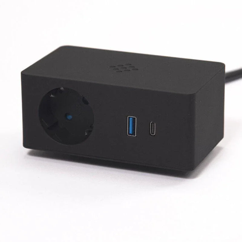 Zwarte elektrificatie unit met stopcontact, USB en USB-C poort voor kantoormeubels