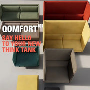 Design kantoormeubels: kleurrijke banken op kantoorvloer, ideaal voor werkplekken en vergaderruimtes.