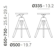Technische tekening barkruk Pedrali Arki met gaslift, afmetingen voor kantoormeubilair