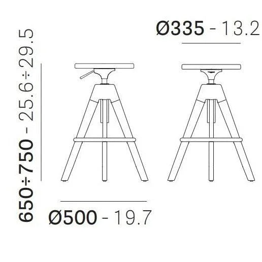 Technische tekening barkruk Pedrali Arki met gaslift, afmetingen voor kantoormeubilair