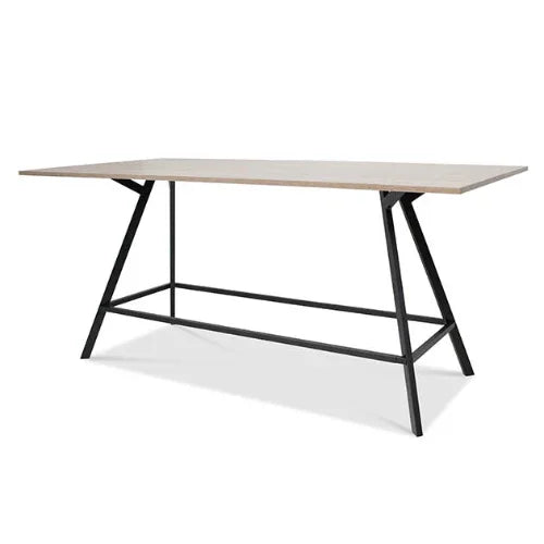 Moderne hoge Bridge tafel met houten blad en zwart metalen frame, design kantoormeubels online