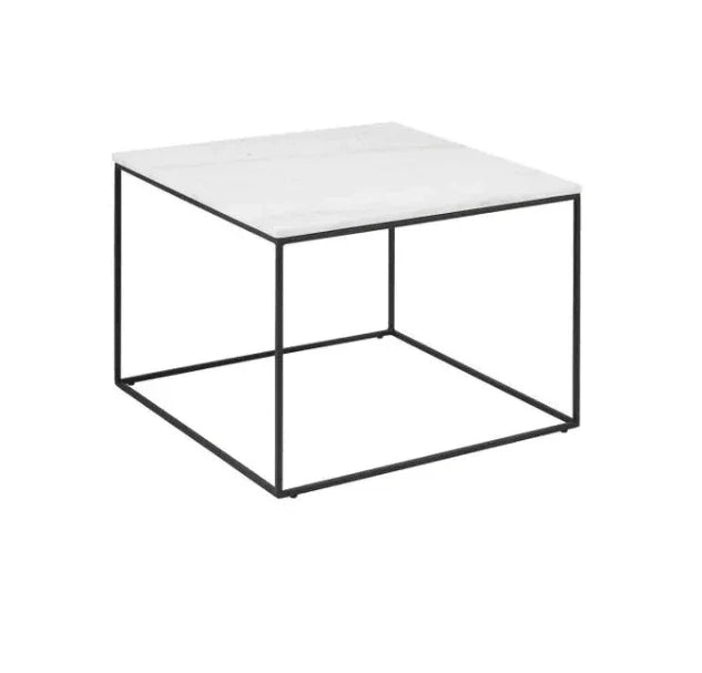 Moderne vierkante bijzettafel met wit blad en zwart metalen frame, kantoormeubilair