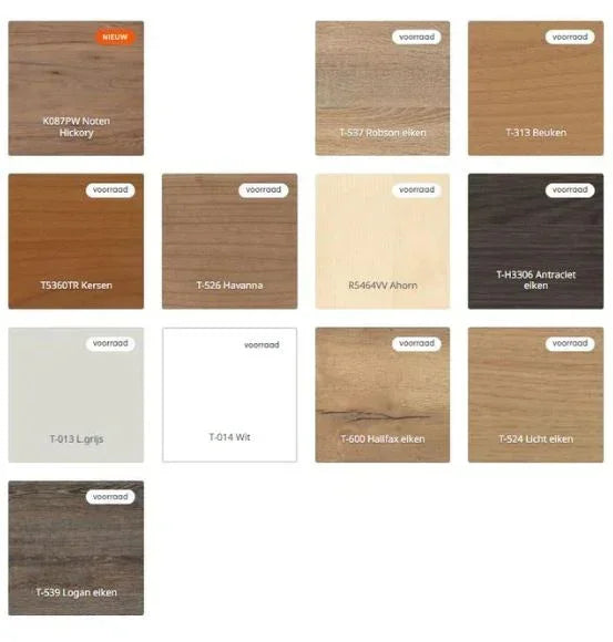 Overzicht van 13 hout- en uni kleurstalen voor kantoormeubilair bij KANTOORMEUBELS.ONLINE