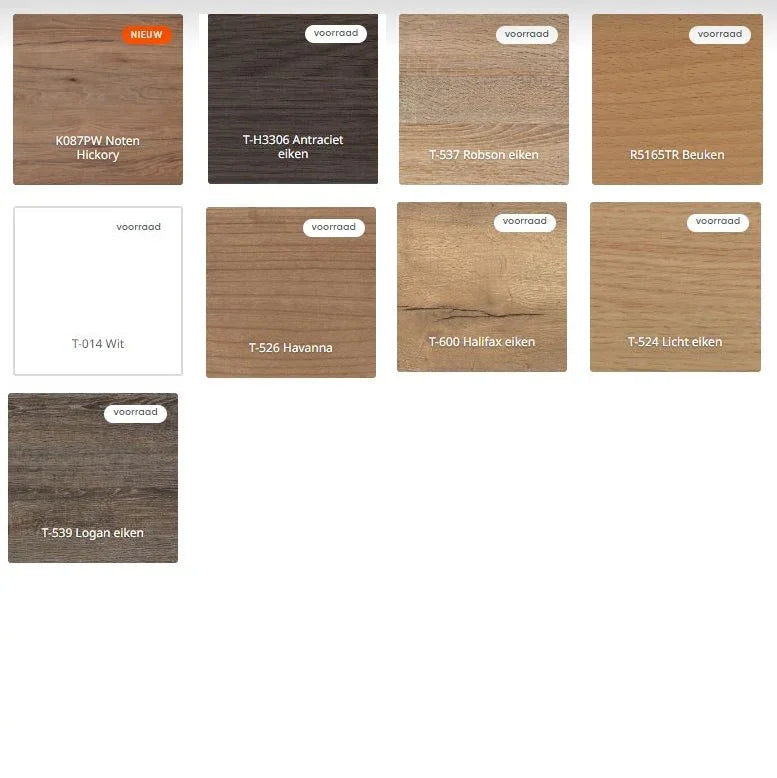 Bladkleuren voor bureaus: noten hickory, antraciet eiken, beuken, wit, verschillende eiken en havanna tinten, KANTOORMEUBELS.ONLINE