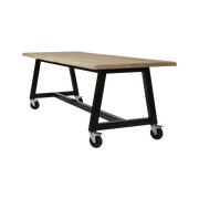 Boomstamtafel met houten blad en stalen onderstel op wielen, design kantoormeubel