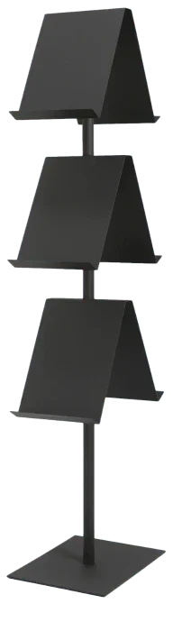 Zwarte metalen brochure standaard met drie vakken, geschikt voor moderne kantoorinrichting.