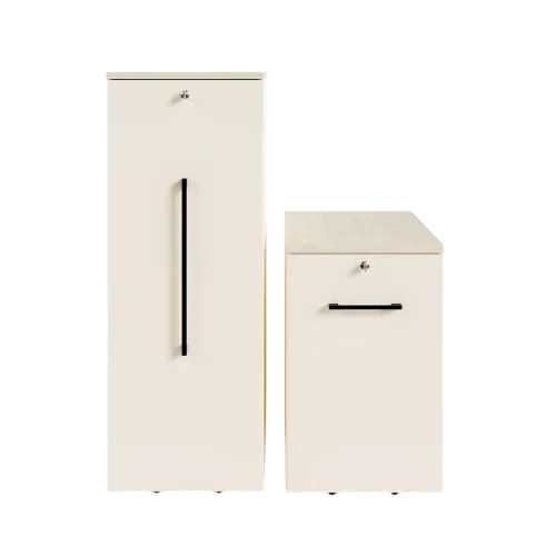 Witte kantoorkast en rollcontainer met zwarte handgrepen, modern design kantoormeubilair