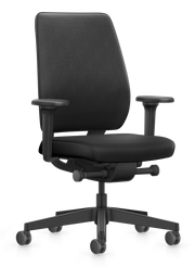 Zwarte ergonomische bureaustoel met armleuningen op wielen, kantoormeubilair design